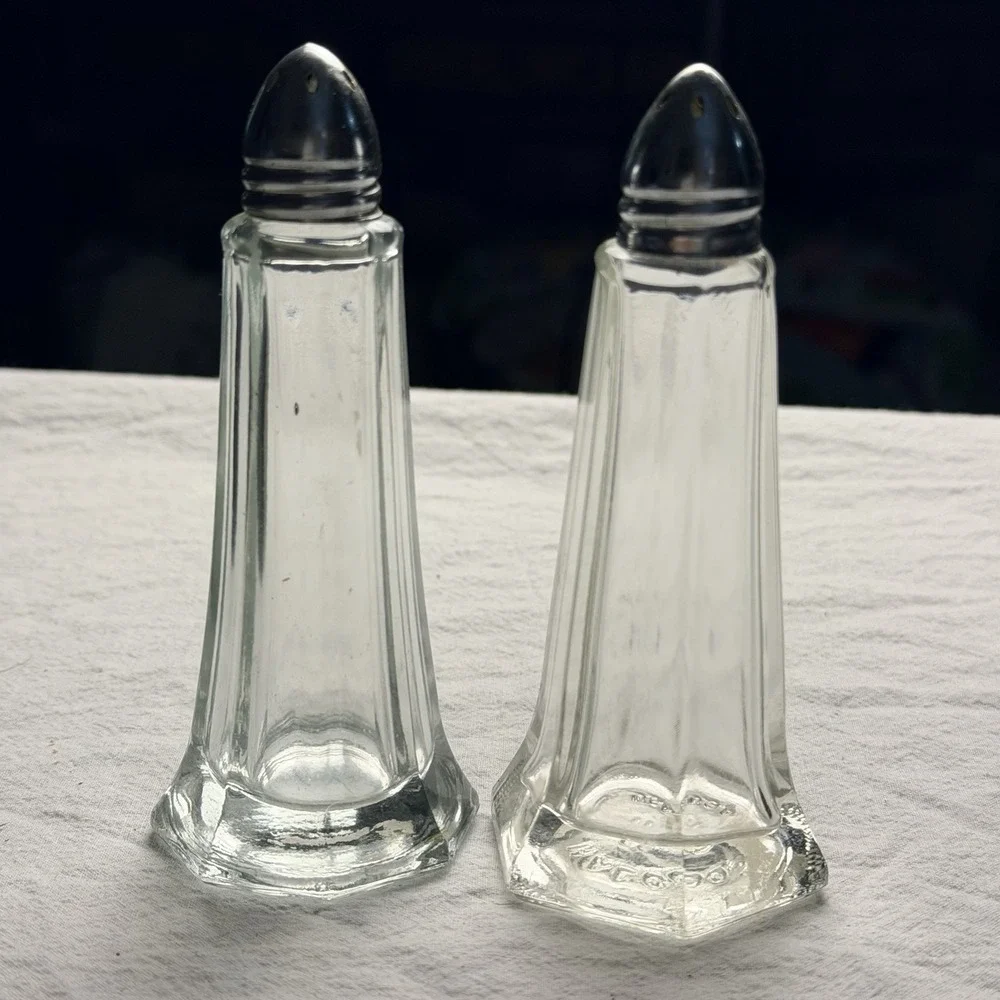 Vintage Salt And Pepper Shakers Clear Glass Tower Shape Octagon Base Metal Caps